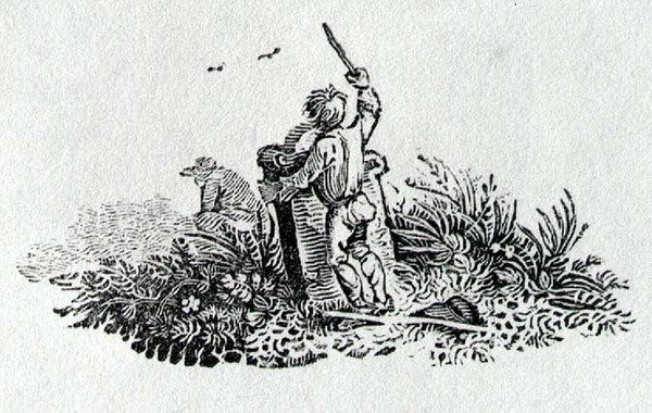 Um menino por uma lápide da história dos pássaros britânicos e quadrúpedes de Thomas Bewick