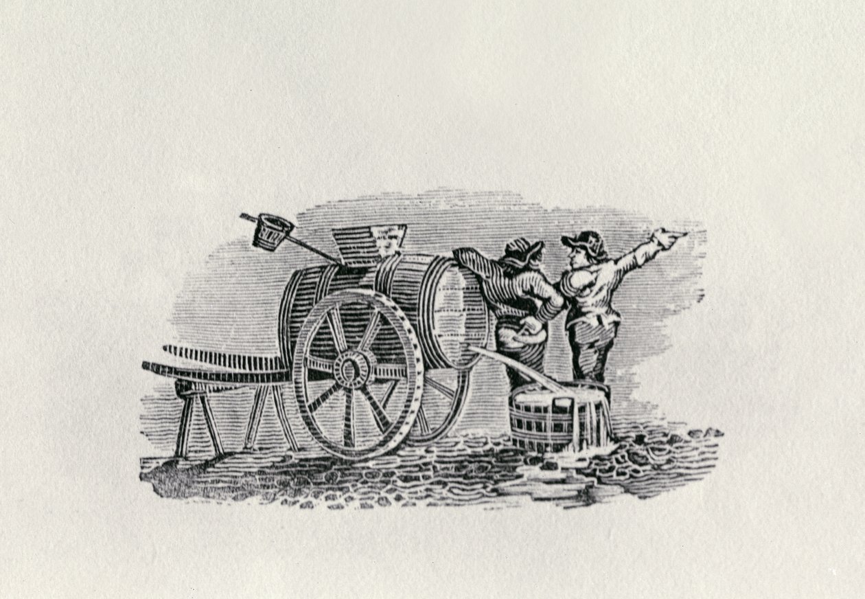 Dois homens com um carrinho de barril (gravura em madeira) de Thomas Bewick