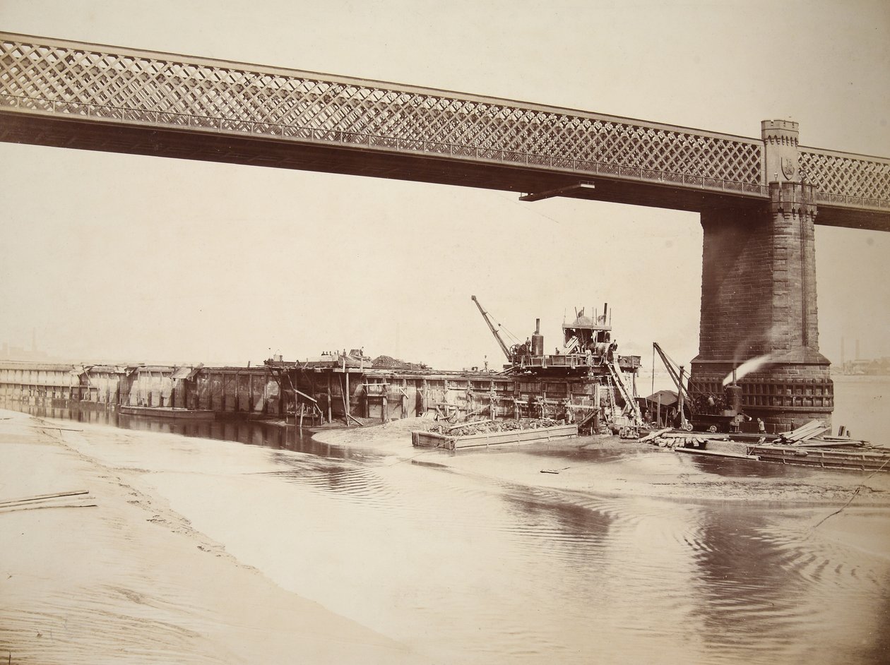 Runcorn Bridge, fazendo muro de concreto (foto sépia) de Thomas Birtles