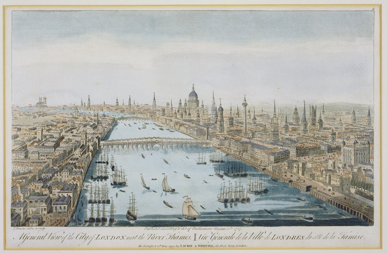 Uma visão geral da cidade de Londres e do rio Tamisa, placa 2 de "vistas de Londres", gravada pelo artista, pub. por Laurie e Whittle, 1794 de Thomas Bowles