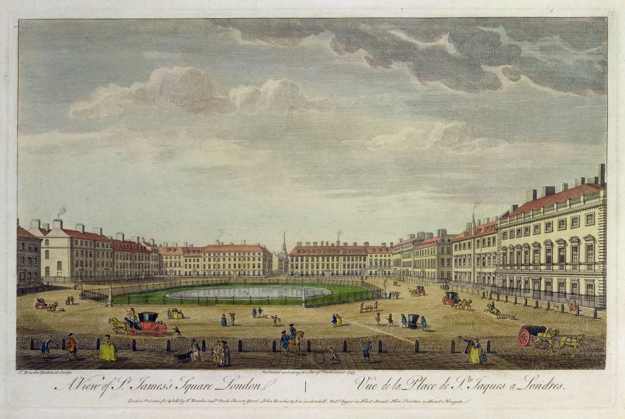Uma vista da Praça de St. James, Londres, 1753 (gravura colorida à mão) de Thomas Bowles