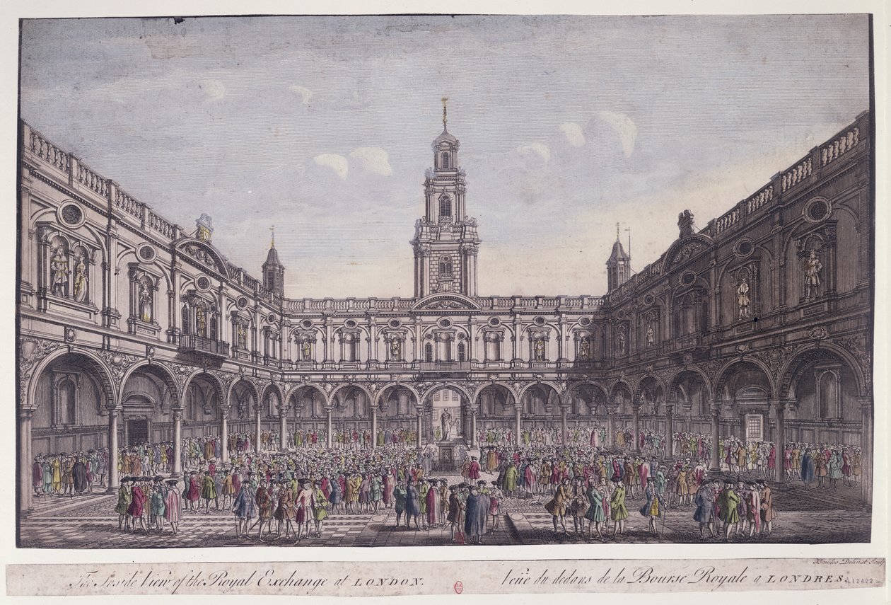 A visão interna do Royal Exchange, Londres (gravura a cores) de Thomas Bowles