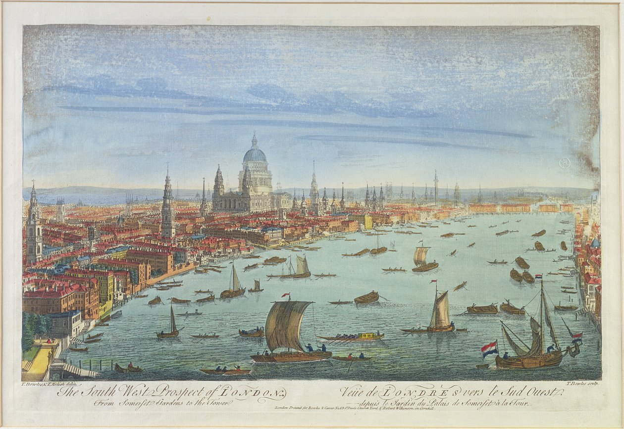 The South West Prospect de Londres, de Somerset Gardens à Torre (litografia colorida) de Thomas Bowles