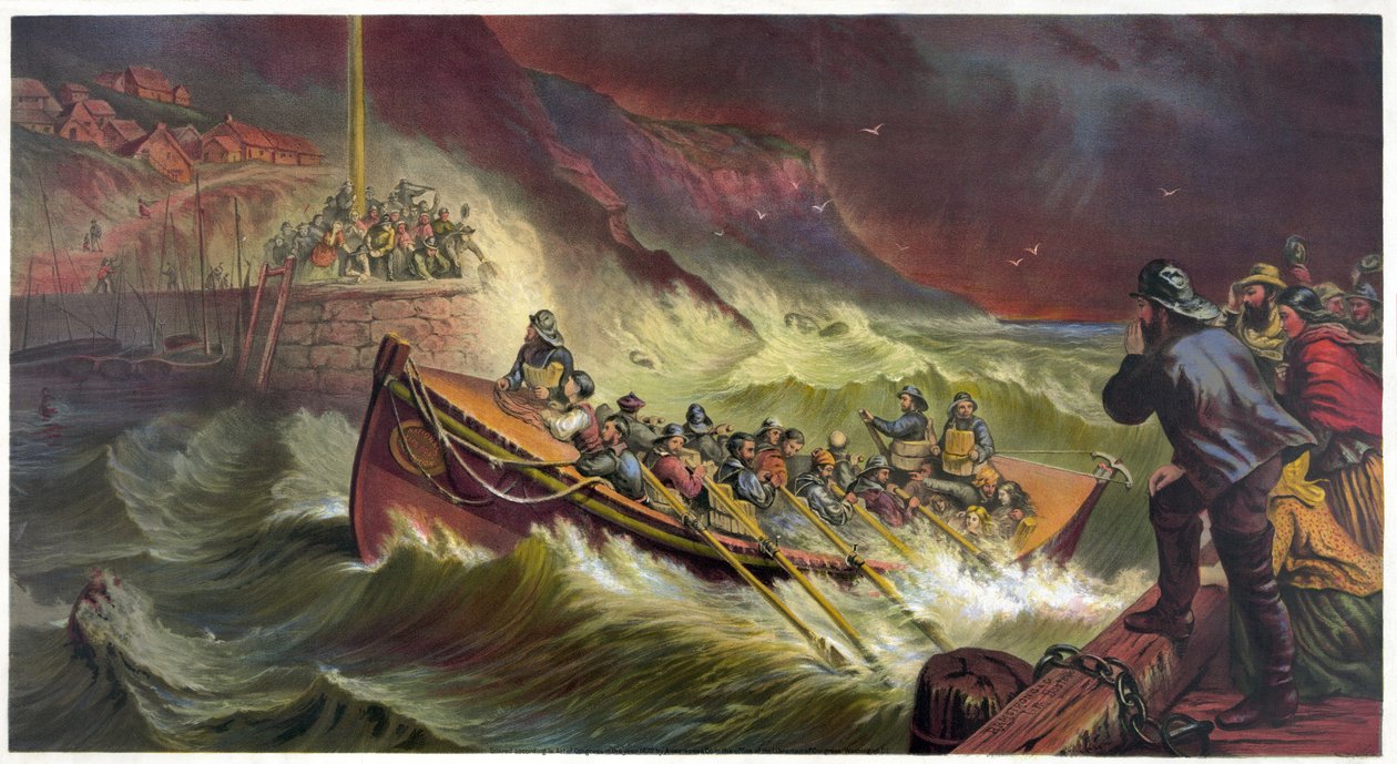 A partida, lançando o barco salva-vidas, bar. c.1872 de Thomas Brooks