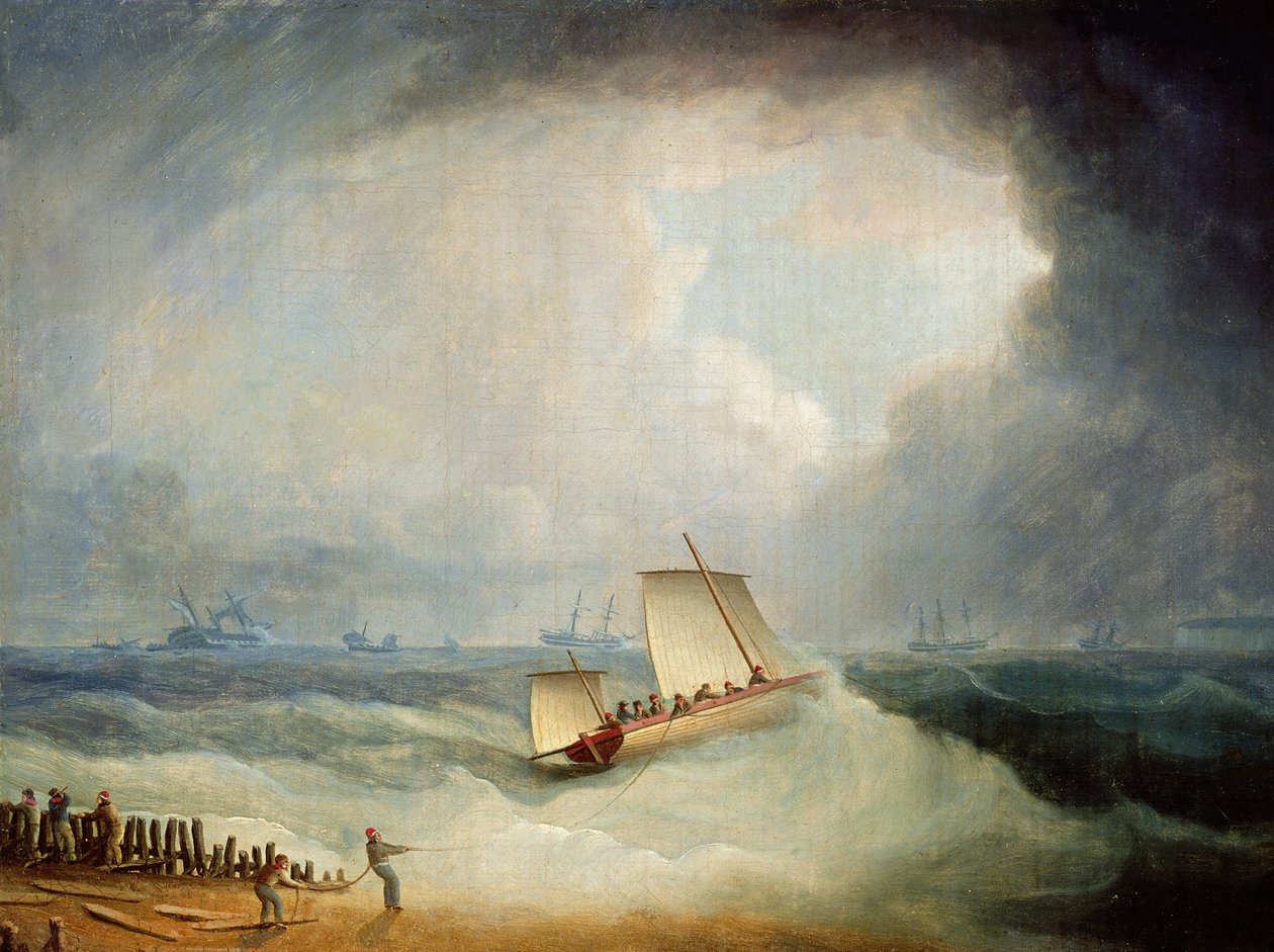 Um Lugger do negócio que vai fora a um navio Storm-bound no Downs, South Foreland de Thomas Buttersworth