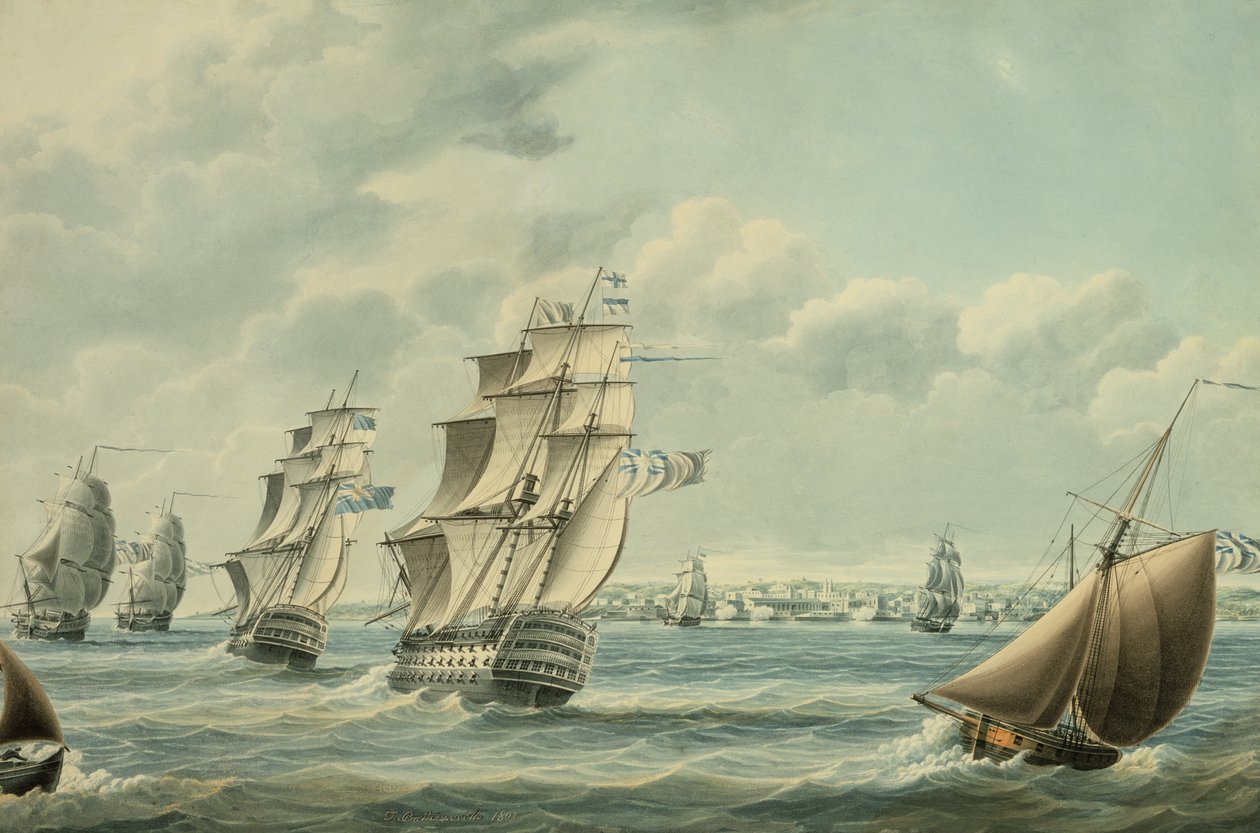 Navios britânicos que bloqueiam Cádis em 1797, 1797 (wc no papel) de Thomas Buttersworth