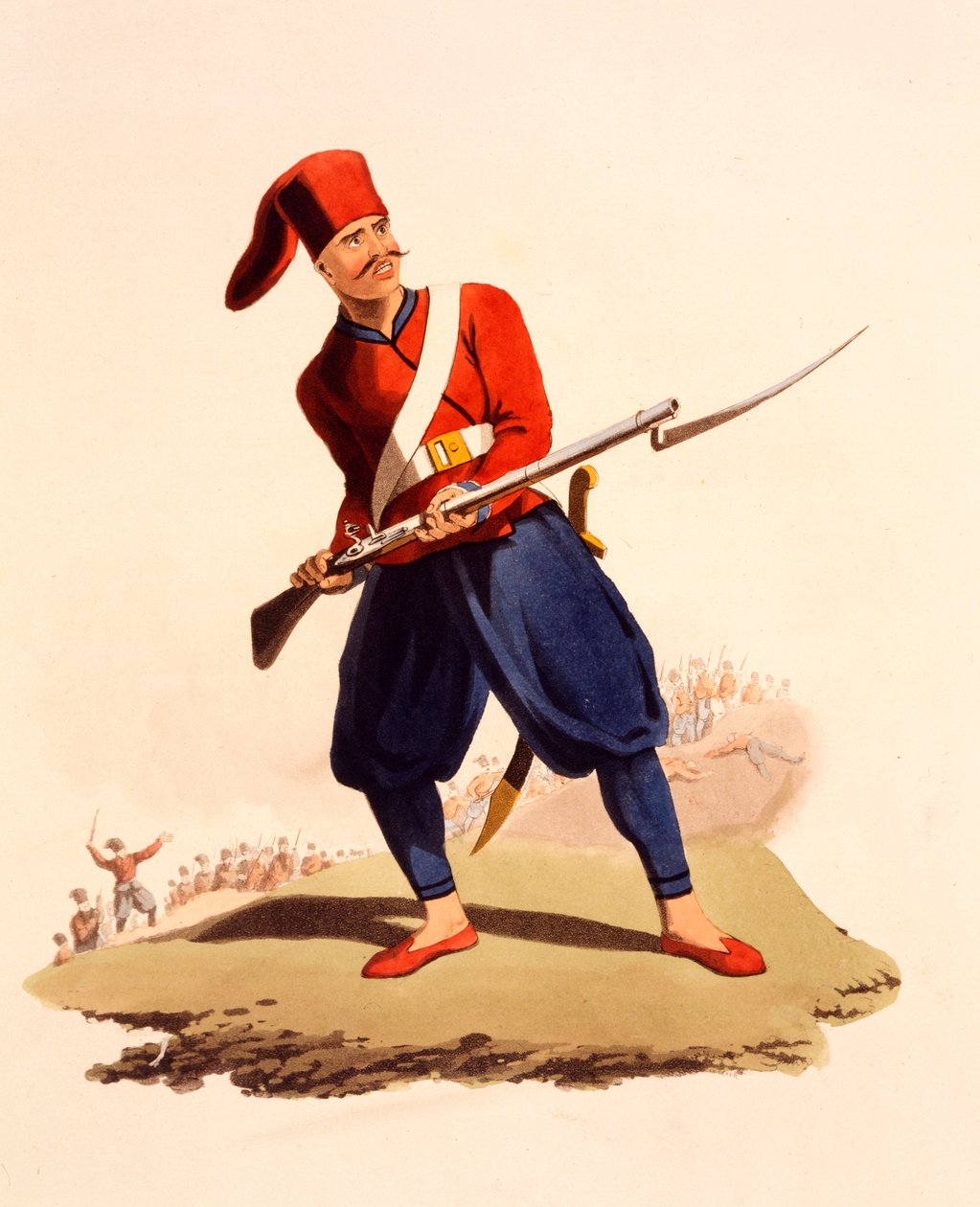 Oficial da Infantaria Européia do Exército Otomano, de &39;The Military Costume of Turkey&39;, publicado em 1818 (aquatinta colorida à mão) de Thomas Charles Wageman