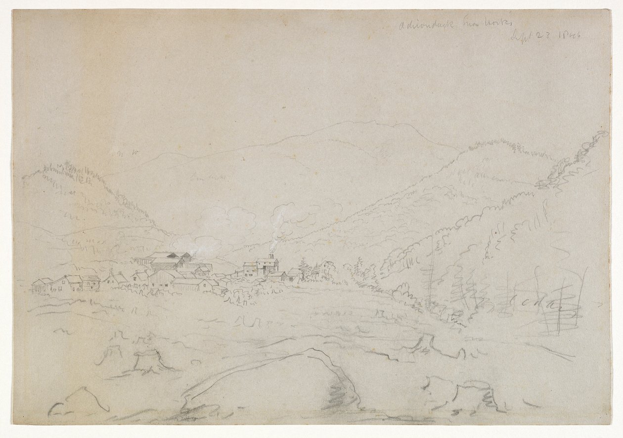 Adirondacks Iron Works, 1846 (lápis de grafite em papel de palha) de Thomas Cole