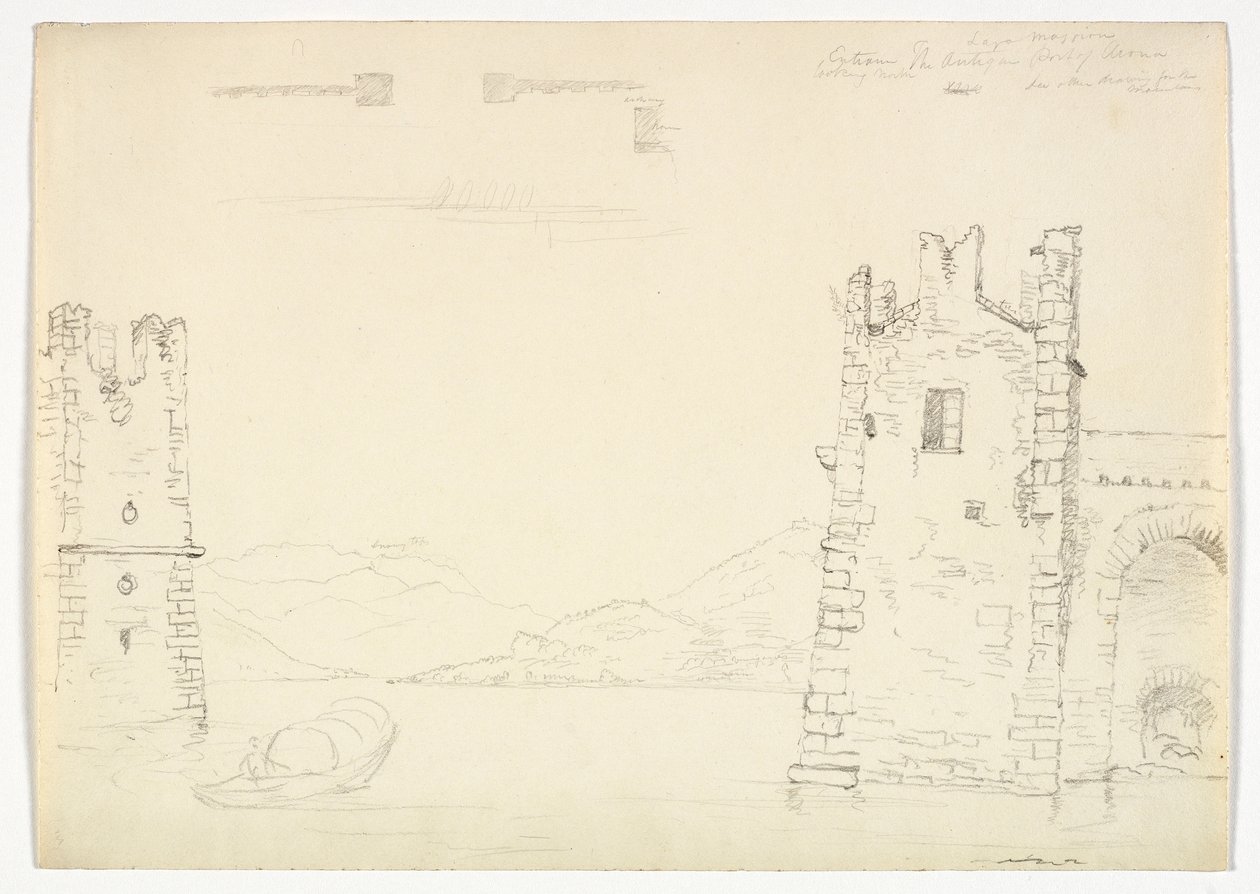 Antigo porto de Arona, Lago Maggiore, 1842 (lápis de grafite em papel de palha) de Thomas Cole