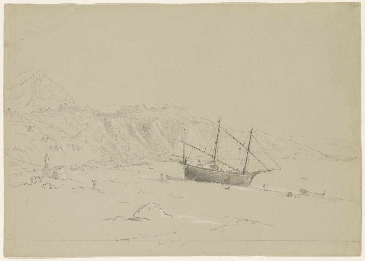 Barco em uma praia perto de Taormina, Sicília, 1842 (lápis elevado com giz branco sobre papel) de Thomas Cole