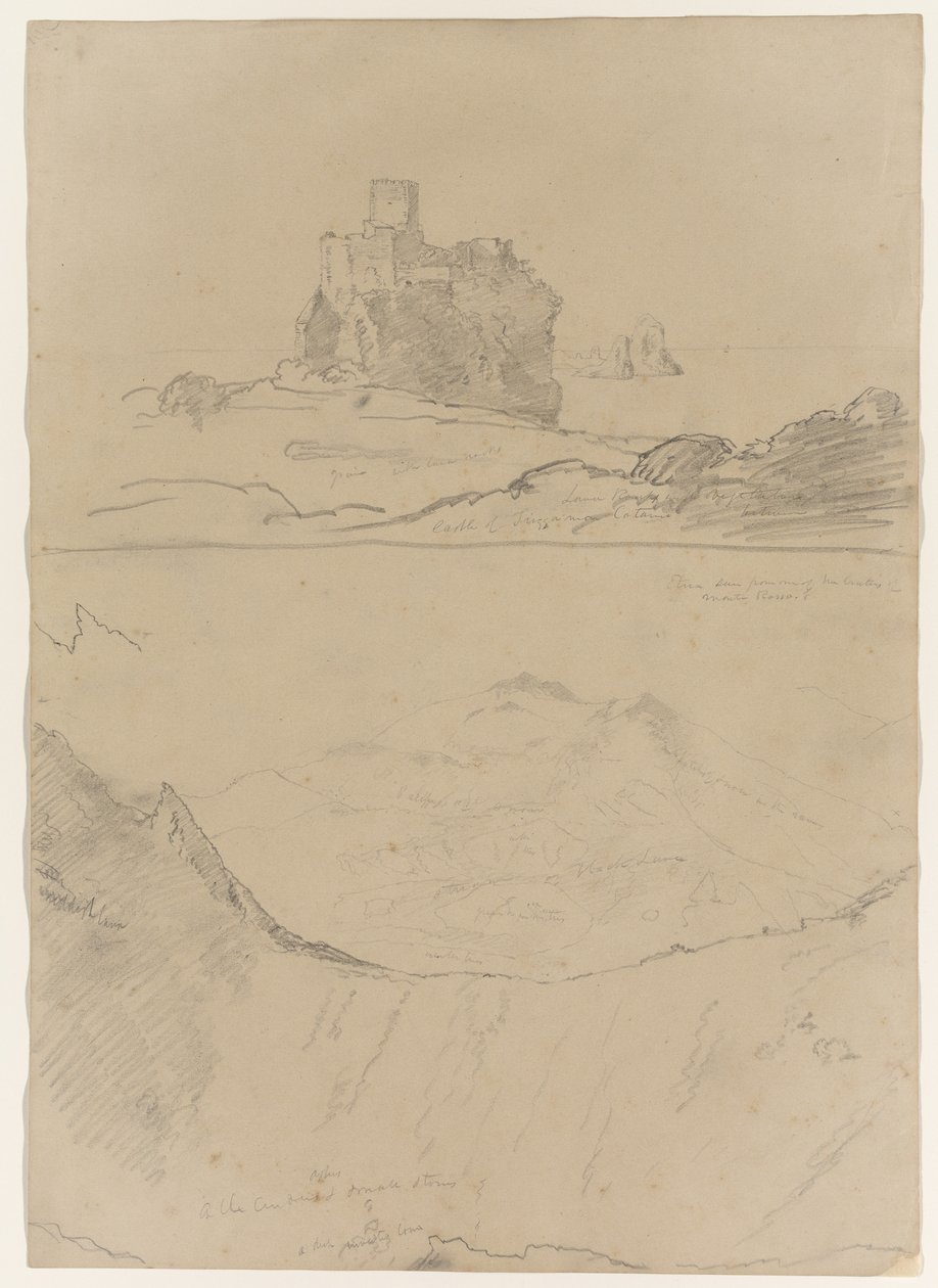 Castelo de Trezza, perto de Catania e Etna, visto do Monte Rosso e também de uma das Crateras do Monte Rosso, Sicília, 1842 de Thomas Cole