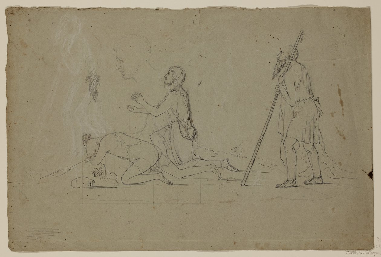 Estudo de composição de três pastores, 1832-34 (caneta e tinta com giz sobre lápis sobre papel de Thomas Cole
