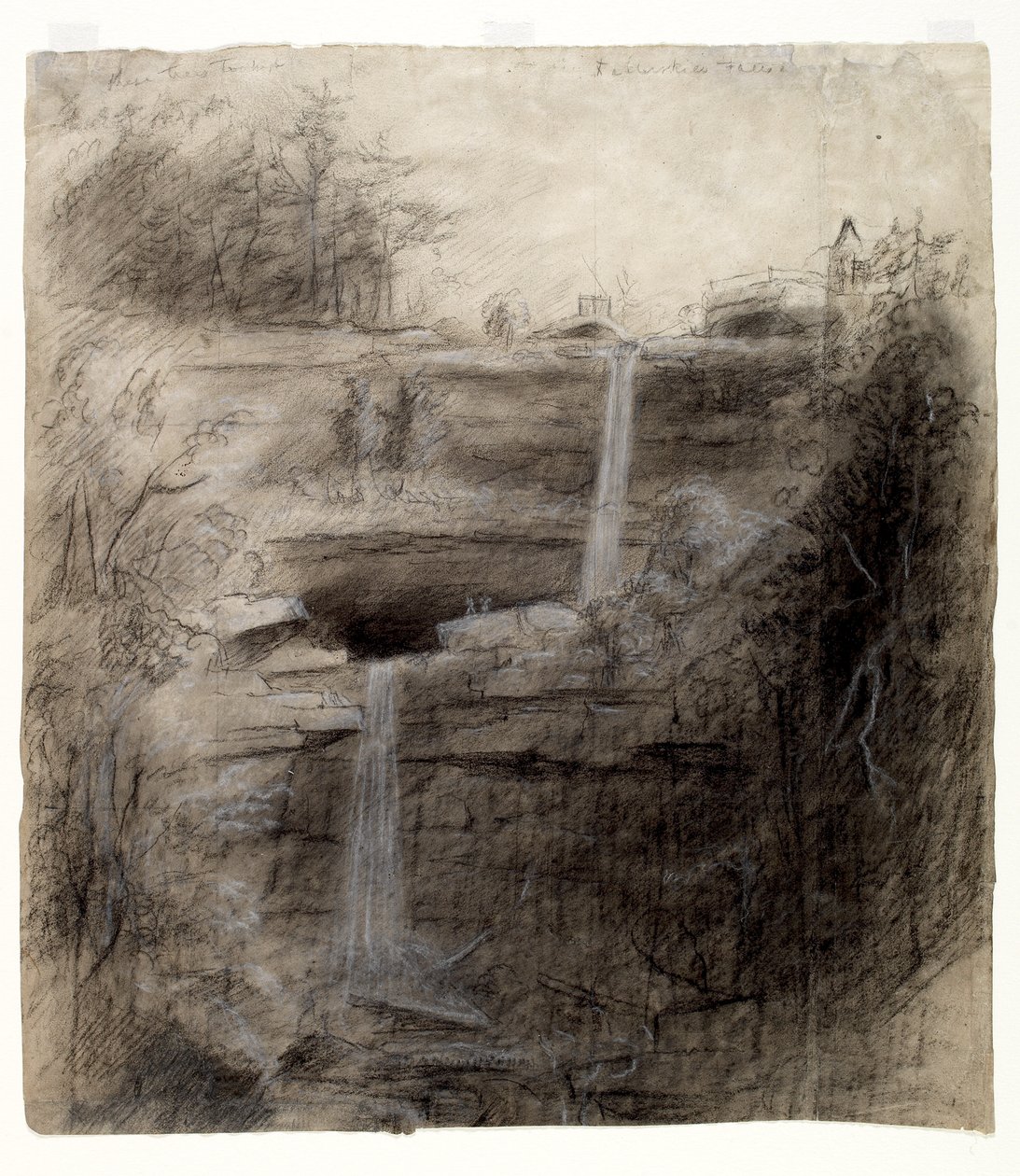 Cachoeira Dupla - Kaaterskill Falls, 1826 (carvão, lápis preto e branco e grafite sobre papel) de Thomas Cole