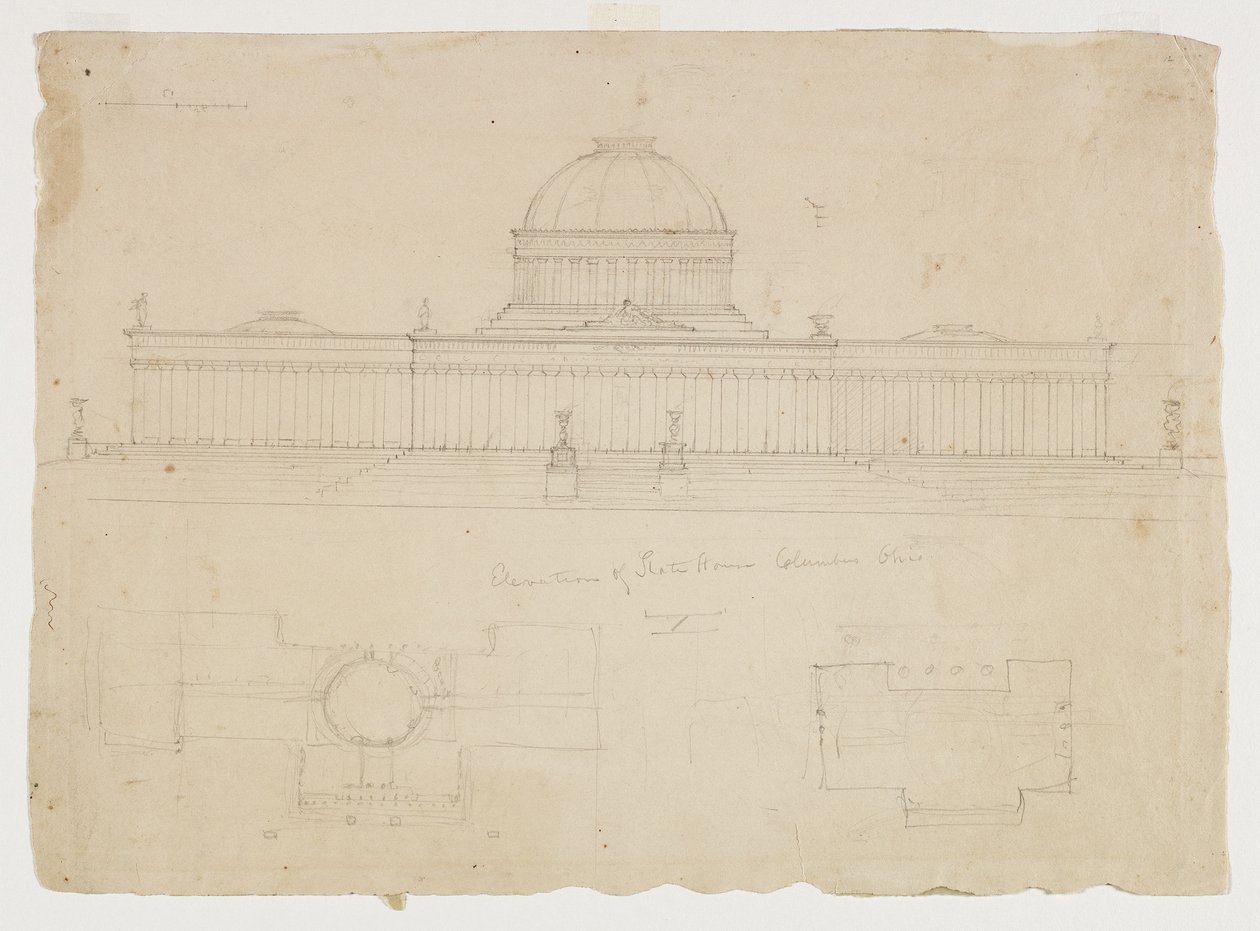 Elevação da casa do estado, Columbus, Ohio, c.1838 (lápis de grafite em papel de seda bege) de Thomas Cole