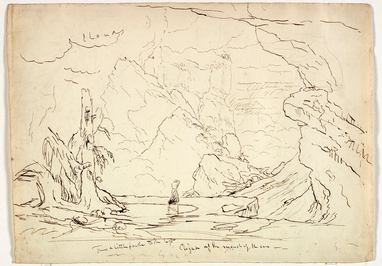 Elias na Boca da Caverna, c.1829 (caneta e tinta sobre grafite sobre papel) de Thomas Cole