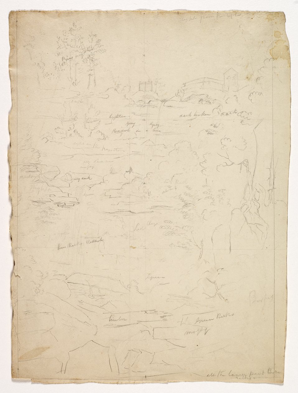 Do Alto das Cataratas de Kaaterskill, 1826 (lápis de grafite em papel de seda branco) de Thomas Cole