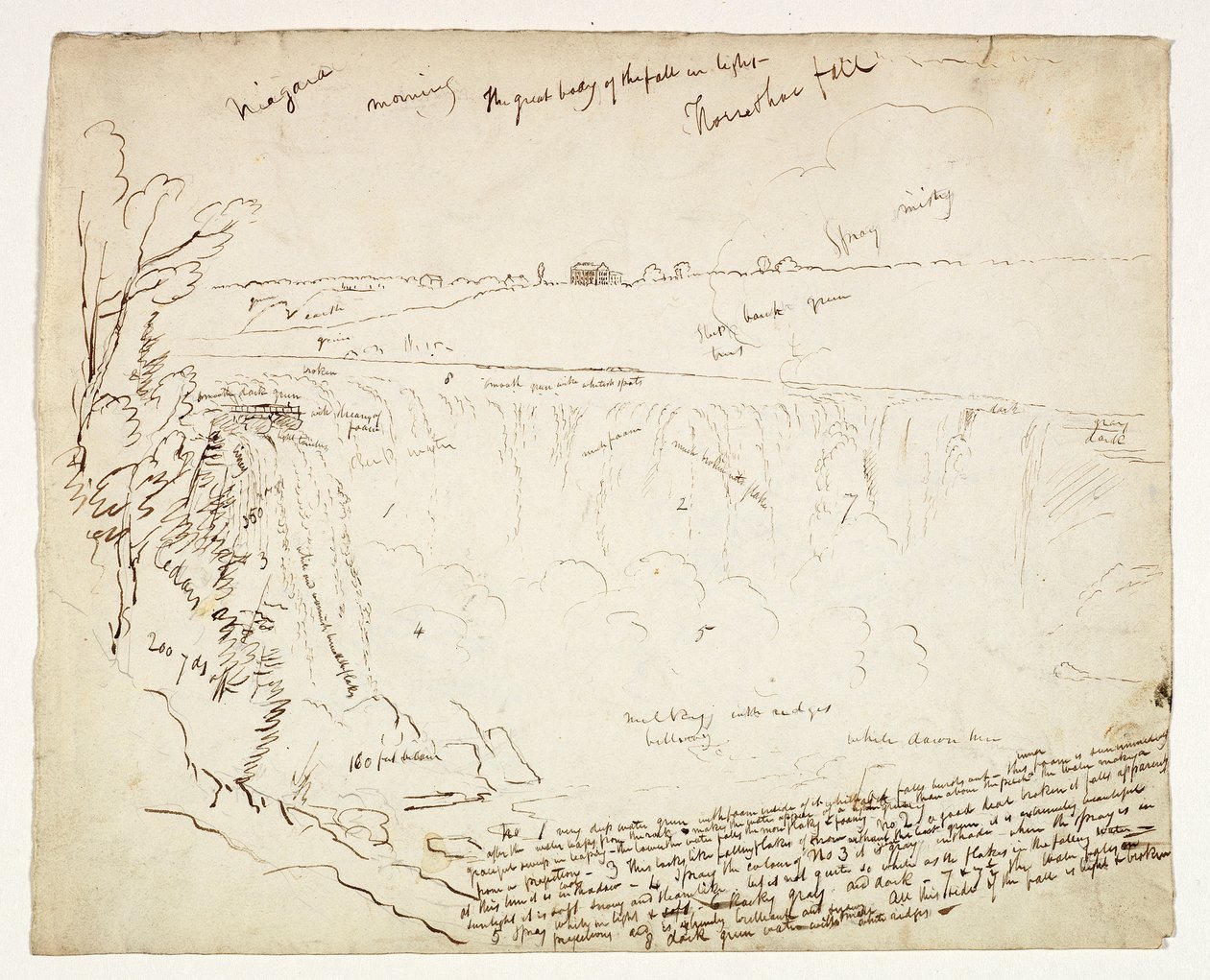Horseshoe Falls, Niagara, Morning, c.1829 (caneta e tinta marrom sobre grafite em papel de seda) de Thomas Cole