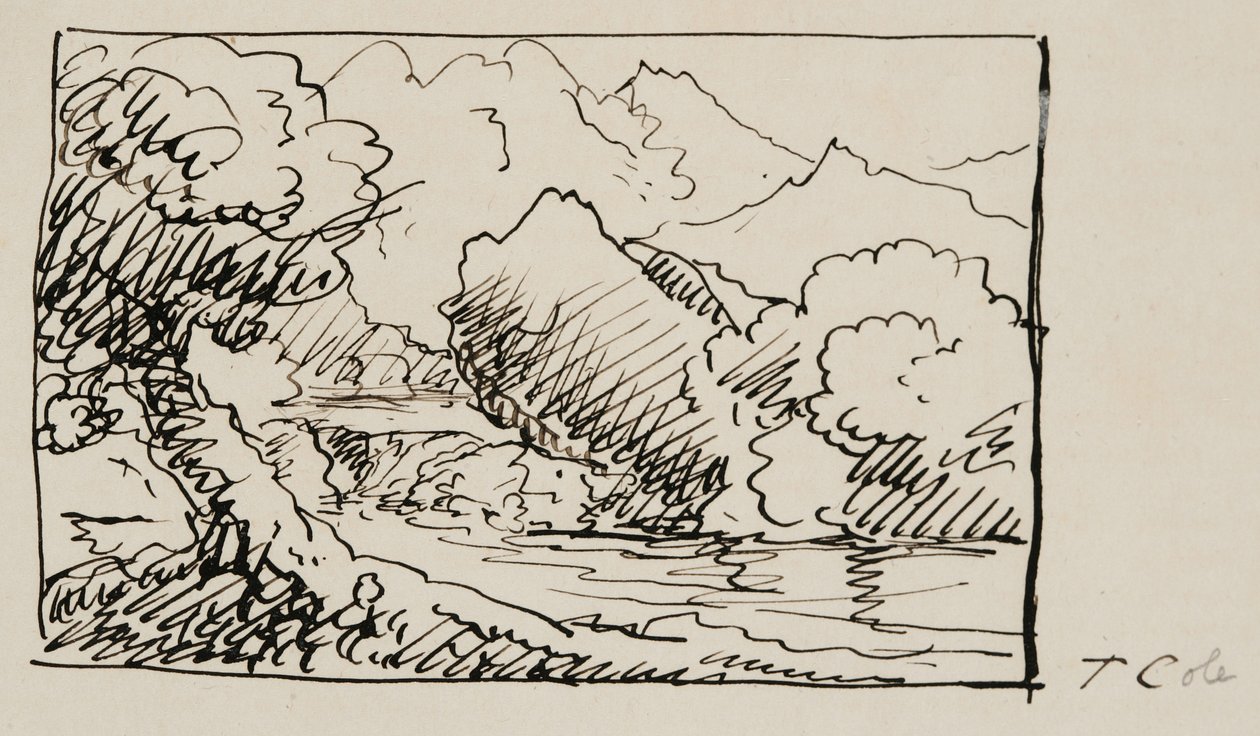 Esboço de paisagem, 1841 (caneta e tinta preta em papel de creme wove) de Thomas Cole