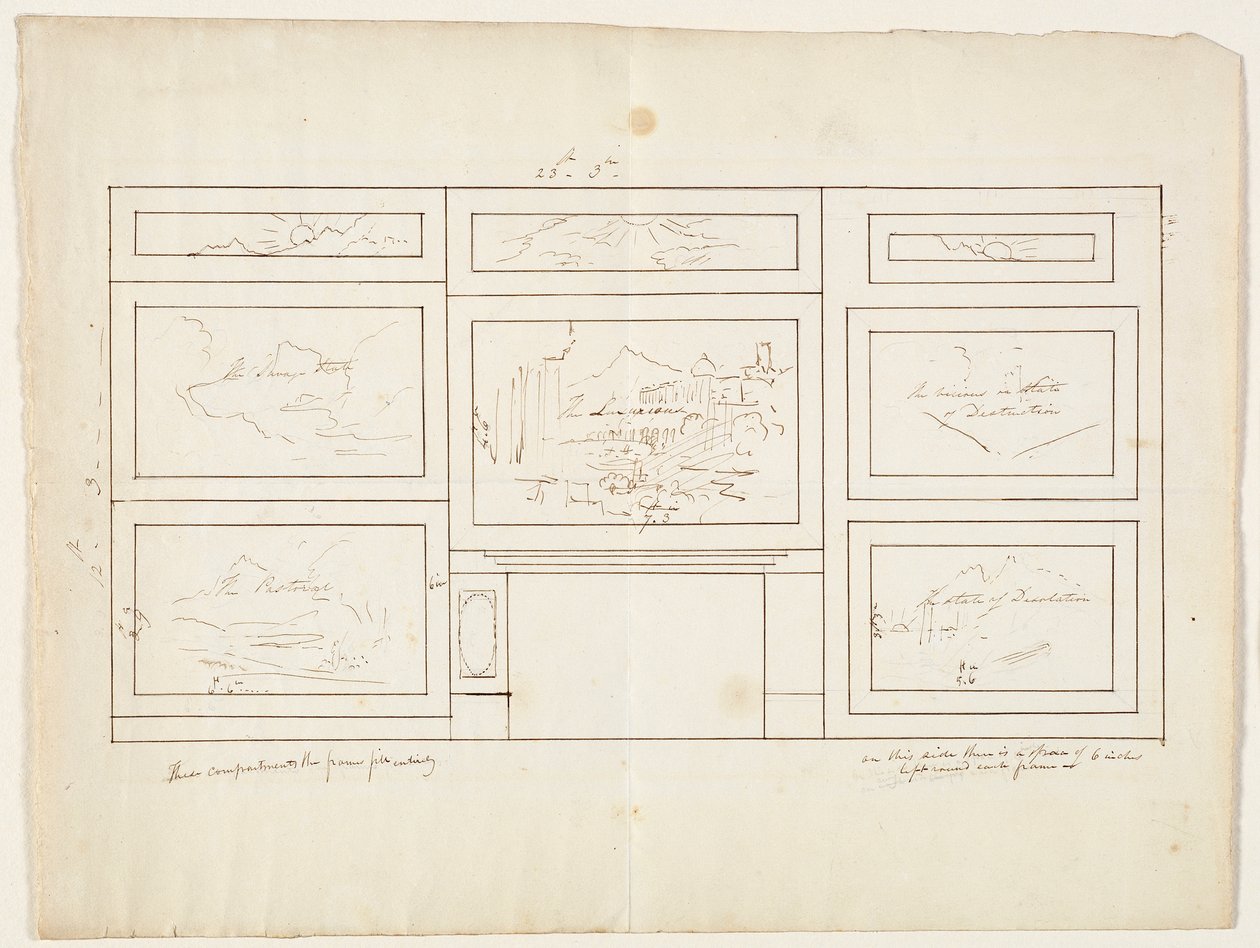 Layout para The Course of the Empire, 1833 (caneta e tinta marrom sobre lápis de grafite em papel de seda) de Thomas Cole