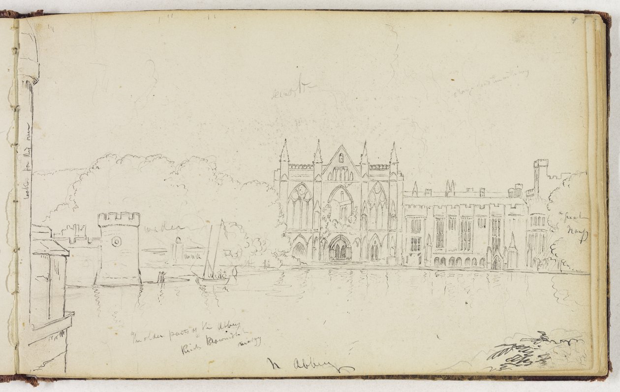 Newstead Abbey, Nottinghamshire, Inglaterra, c.1830 (caneta e tinta preta sobre lápis de grafite em papel de seda) de Thomas Cole