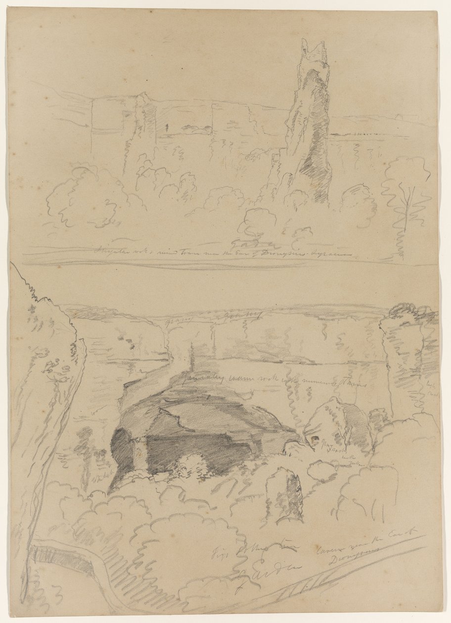 Rocha, torre, ruínas, e, caverna, perto, a, orelha, de, dionysus, siracuse, sicília, 1842 de Thomas Cole
