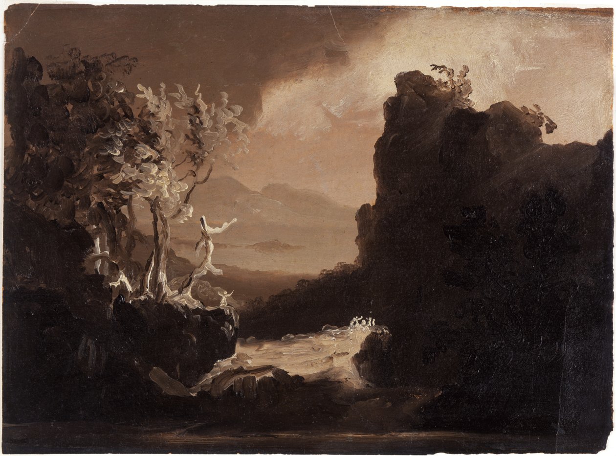 Paisagem romântica (último dos moicanos), 1827 (óleo sobre papel) de Thomas Cole