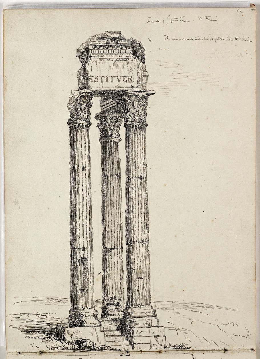 Templo de Vespasiano, Chamado Templo de Júpiter Tonanos, Romano, Fórum, c. 1831 (caneta e tinta sobre lápis no papel) de Thomas Cole