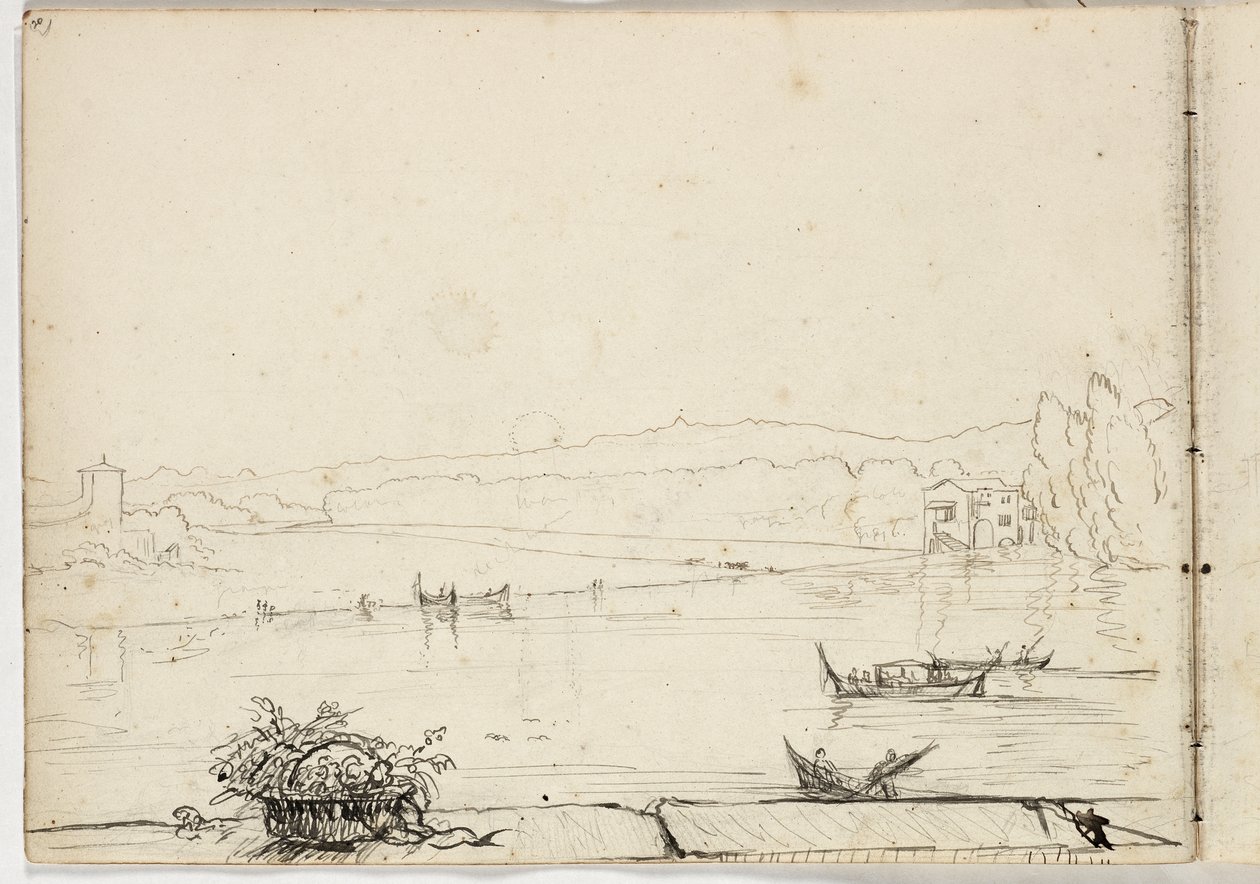 Untitled (estudo de uma cena de rio com barcos) 1831 (caneta e tinta sobre lápis sobre papel) de Thomas Cole