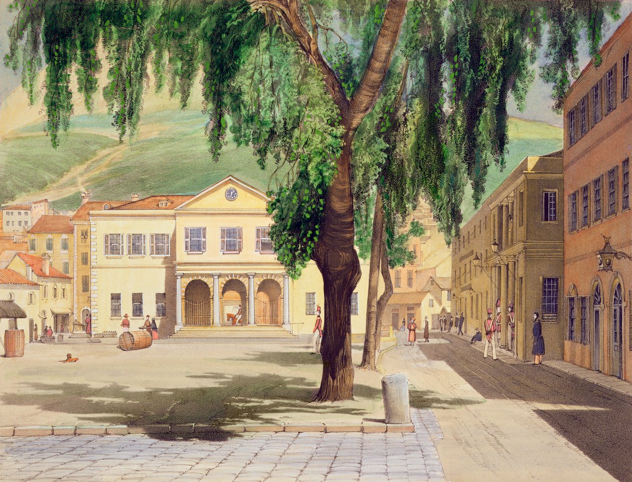 Commercial Square, a Biblioteca Comercial e a Guarda Principal, Cidade de Gibraltar, ilustrada em "Vistas Seleccionadas da Rocha e da Fortaleza de Gibraltar" por JM Carter, 1845 (ver também 22966 de Thomas Colman Dibdin