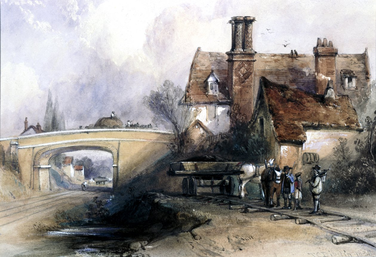 Construção da Ferrovia dos Municípios Orientais, perto de Ilford, Essex, 1838 (wc no papel) de Thomas Colman Dibdin