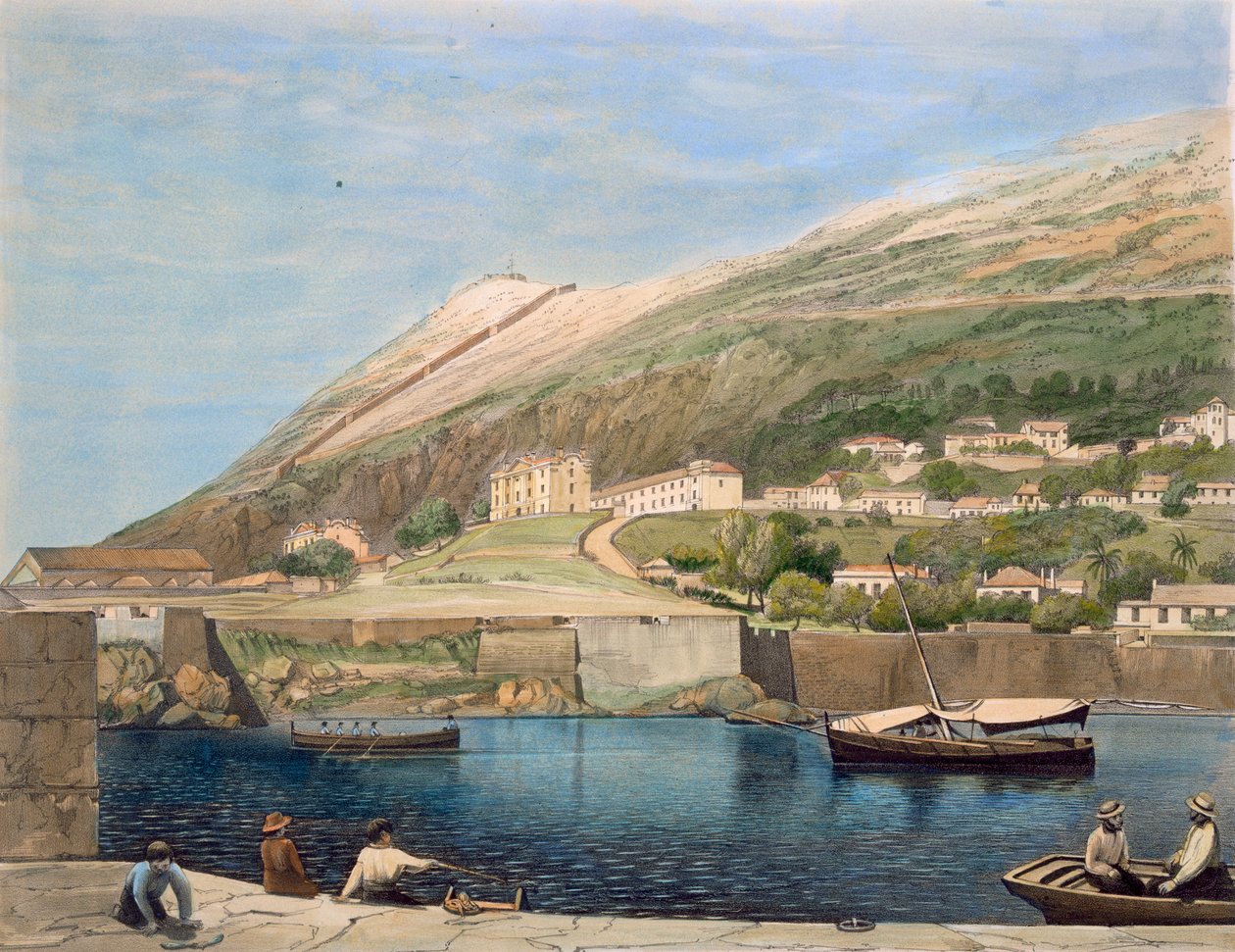Quartel Sul da Baía de Rosia, de &39;Vistas da Rocha e Fortaleza de Gibraltar&39; por JM Carter, 1846 de Thomas Colman Dibdin