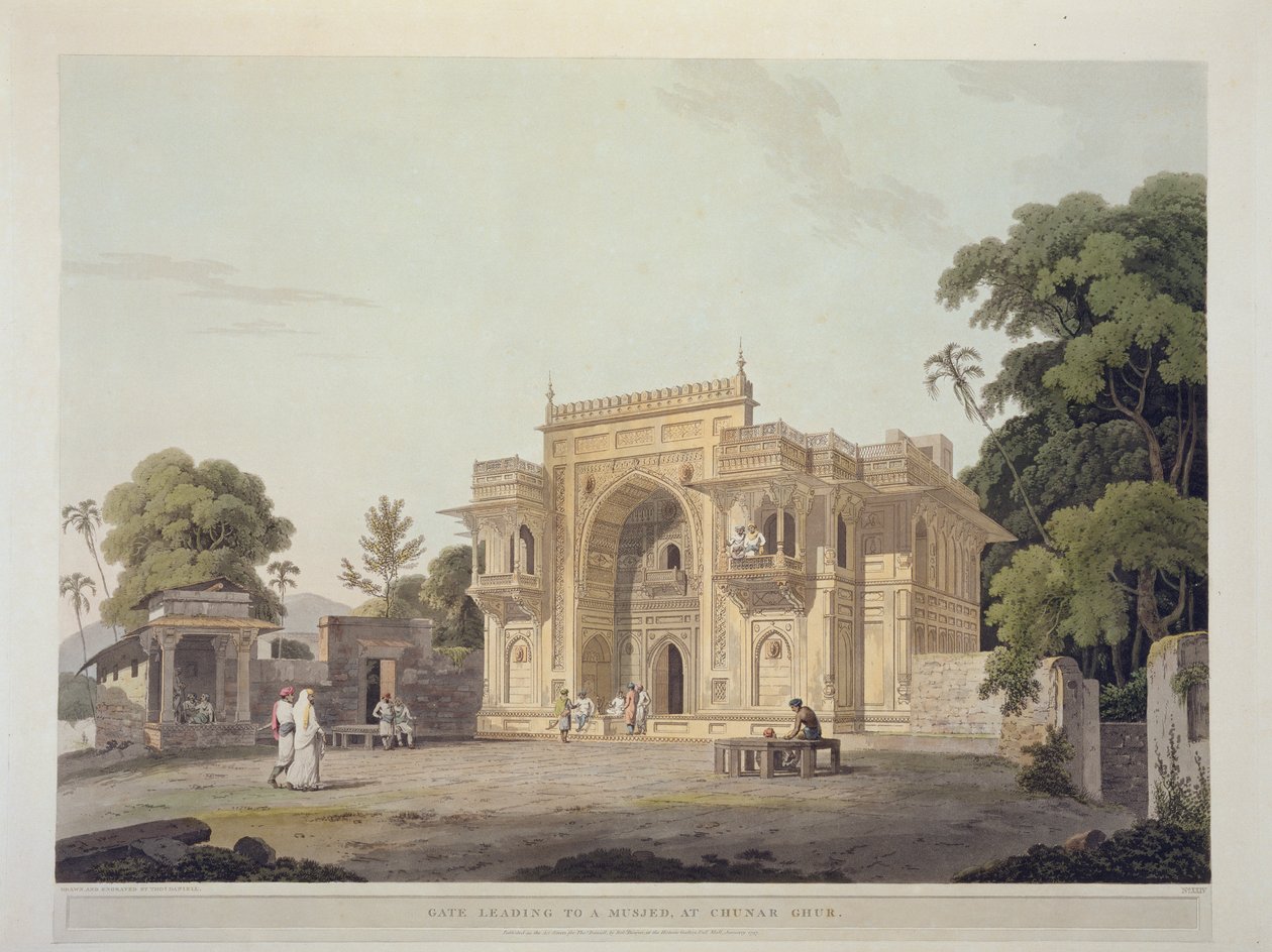 Portão que leva a um Musjed em Chunar Ghur, prato 25 de &39;Cenário Oriental: Vinte e quatro vistas no Hindoostan&39;, publicado em 1797 de Thomas Daniell