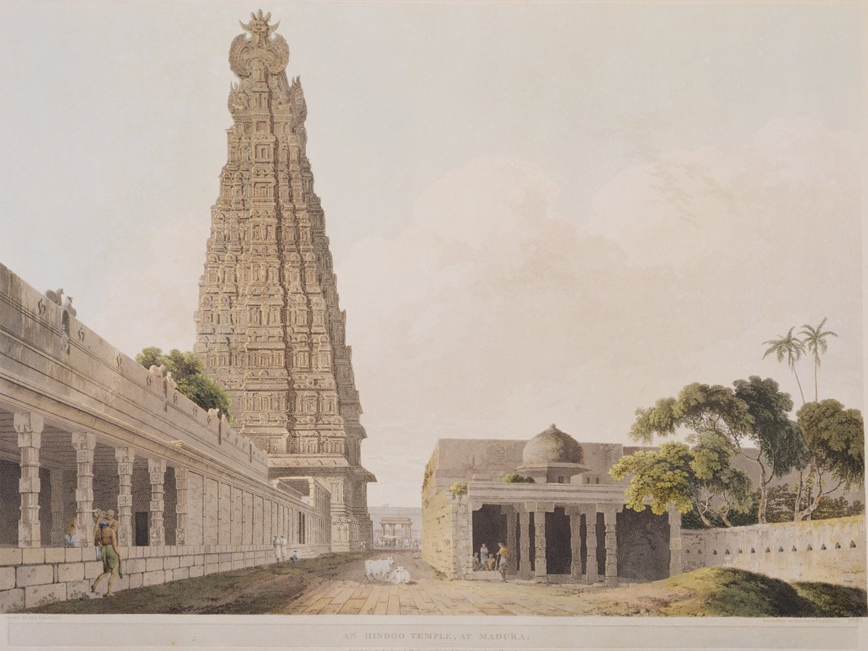 Templo Hindoo em Madura, prato XVI de Oriental Scenery, publicado em 1798 (aquatinta colorida) de Thomas Daniell