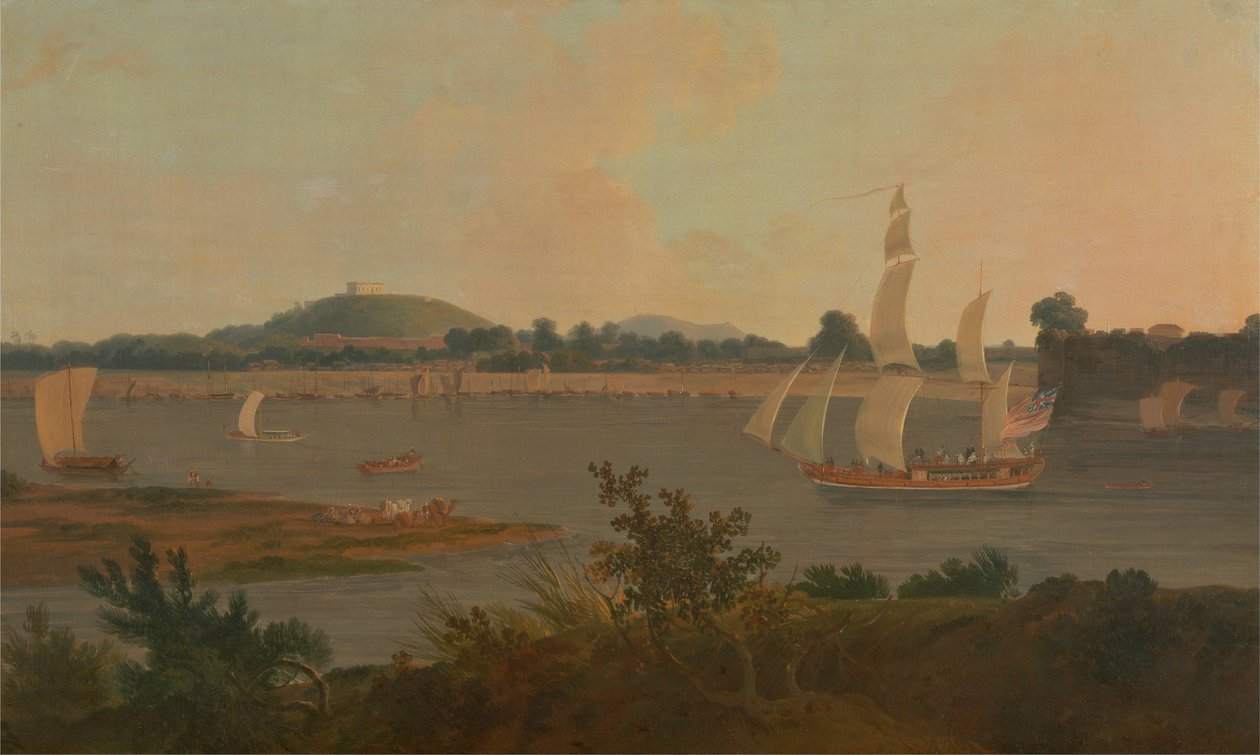 Pinnace navegando pelo rio Ganges, no Forte Monghyr de Thomas Daniell