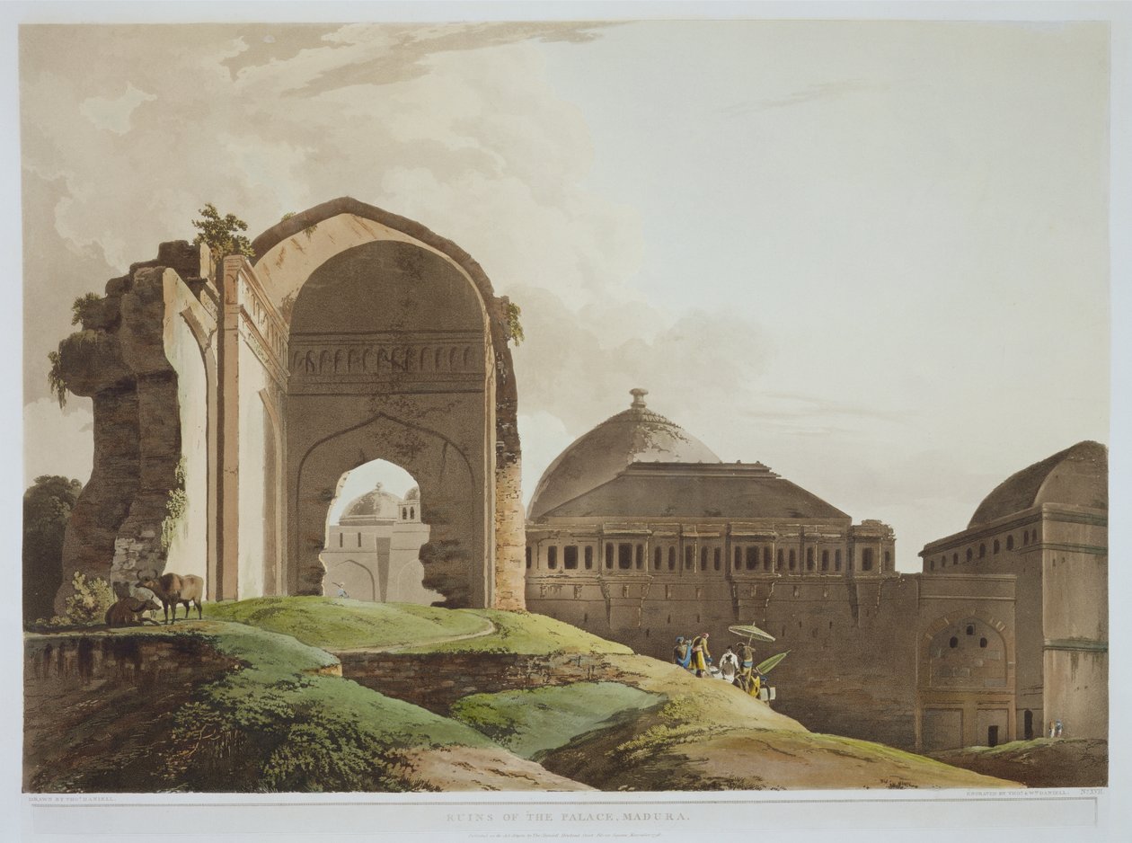Ruínas do Palácio, Madura, placa 17 da Parte 2 do Cenário Oriental, gravada pelo artista e William Daniell (1769-1837) 1798 (aquatint) de Thomas Daniell