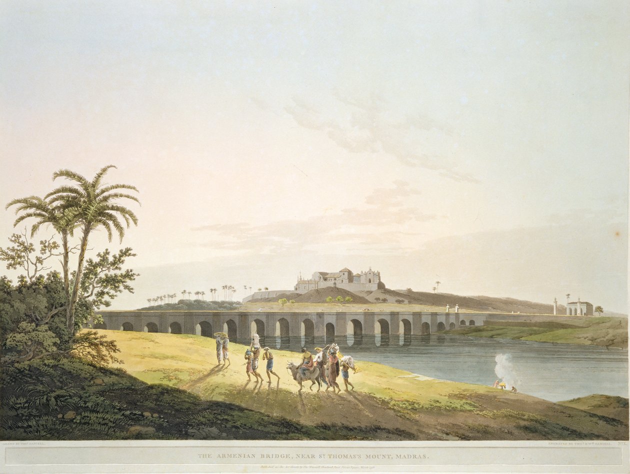 A ponte armênia, perto do Monte de St. Thomas, Madras, prato 36 de "Cenário Oriental: Vinte e quatro vistas no Hindoostan", gravado por Thomas e William (1769-1837) Daniell, publicado 1798 (cor lith de Thomas Daniell