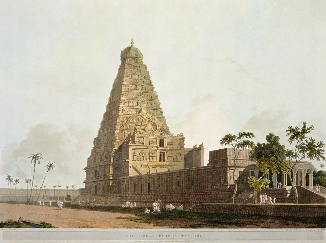 O Grande Pagode, Tanjore, prato XXIV de &39;Oriental Scenery&39;, publicado em 1798 (aquatinta colorida) de Thomas Daniell