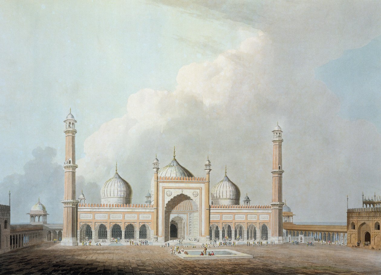 O Jummah Musjed, Delhi, placa XXIII de &39;Oriental Cenário&39;, publicado em 1797 (aquatinta colorida) de Thomas Daniell