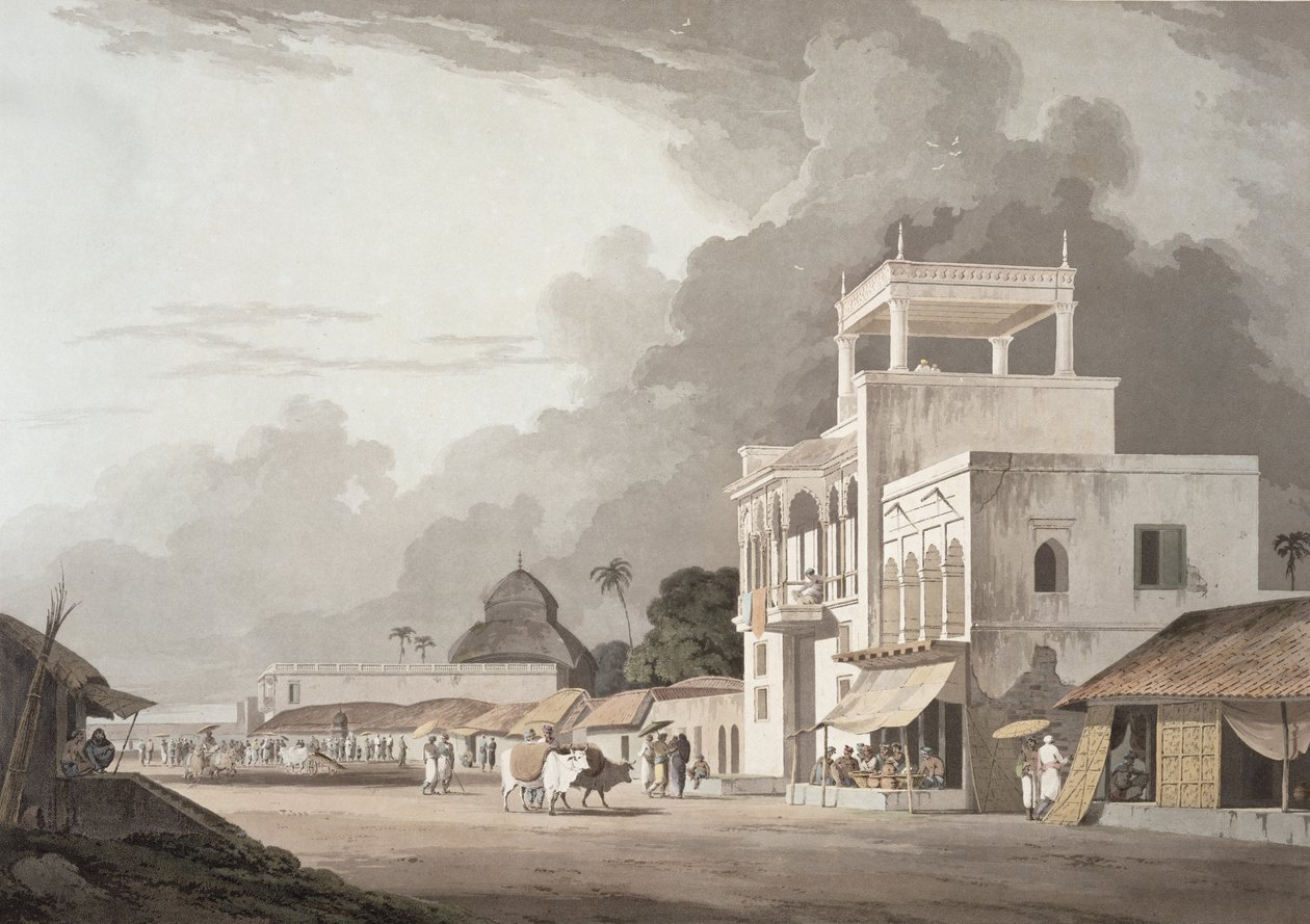 Vista sobre a estrada Chitpore, Calcutá, placa II de &39;Oriental Cenário&39;, publicada em 1797 (aquatinta colorida) de Thomas Daniell