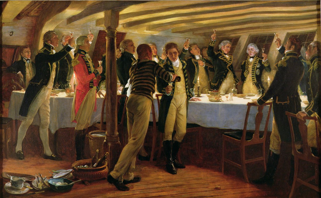 O almirante Nelson faz um brinde à vitória com seus colegas na noite anterior à Batalha de Copenhague, 1º de abril de 1801, 1898 de Thomas Davidson