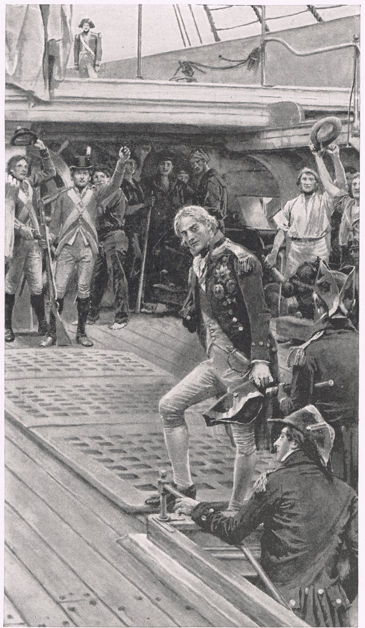 Nelson Coming on Deck, ilustração de "Batalhas Britânicas na Terra e no Mar", publicado por Cassell, Londres, c.1910 de Thomas Davidson