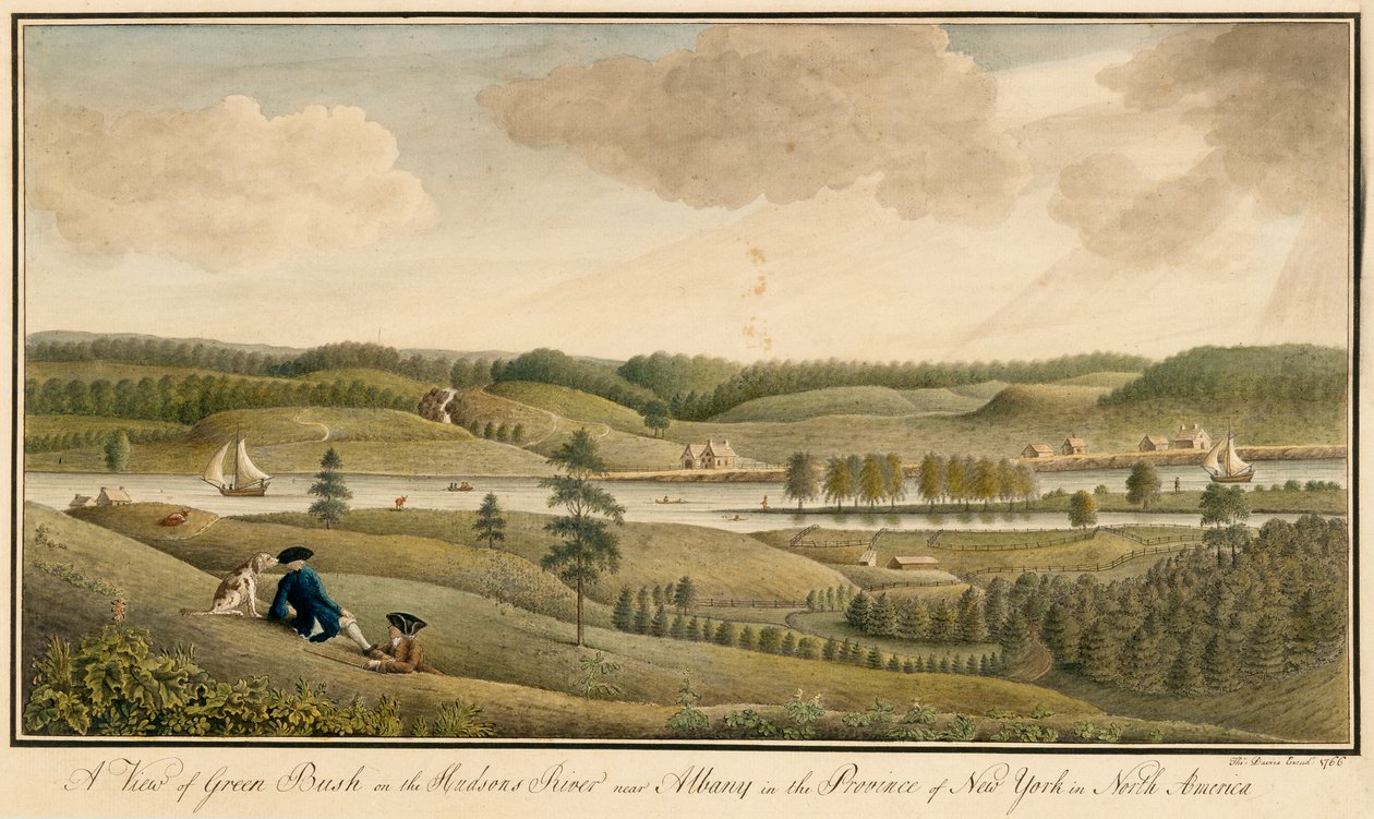 Uma vista de Greenbush no rio Hudsons perto de Albany, na Província de Nova York, 1766 (wc e tinta preta sobre grafite sobre papel) de Thomas Davies