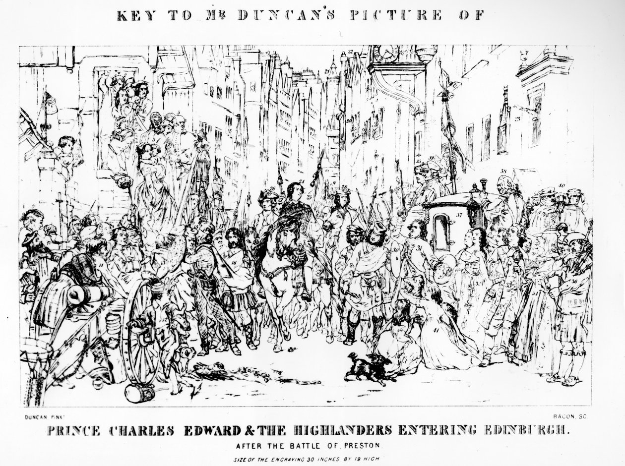 Chave para o retrato de Duncan do Príncipe Charles Edward (1720-88) e os Highlanders Entrando em Edimburgo após a Batalha de Preston, em 21 de setembro de 1745, gravada por Bacon (ver 10 de Thomas Duncan