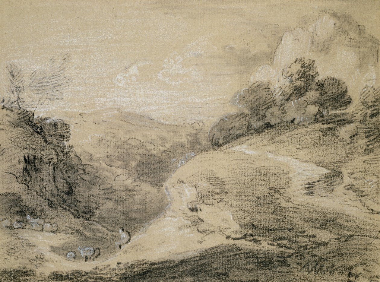 Uma paisagem montanhosa com pastor e ovelhas (giz preto e branco sobre papel amarelo) de Thomas Gainsborough