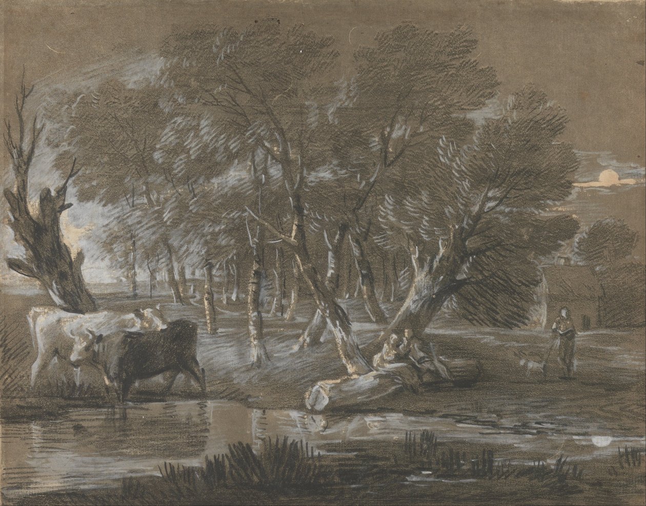 Uma paisagem ao luar com gado por uma piscina de Thomas Gainsborough