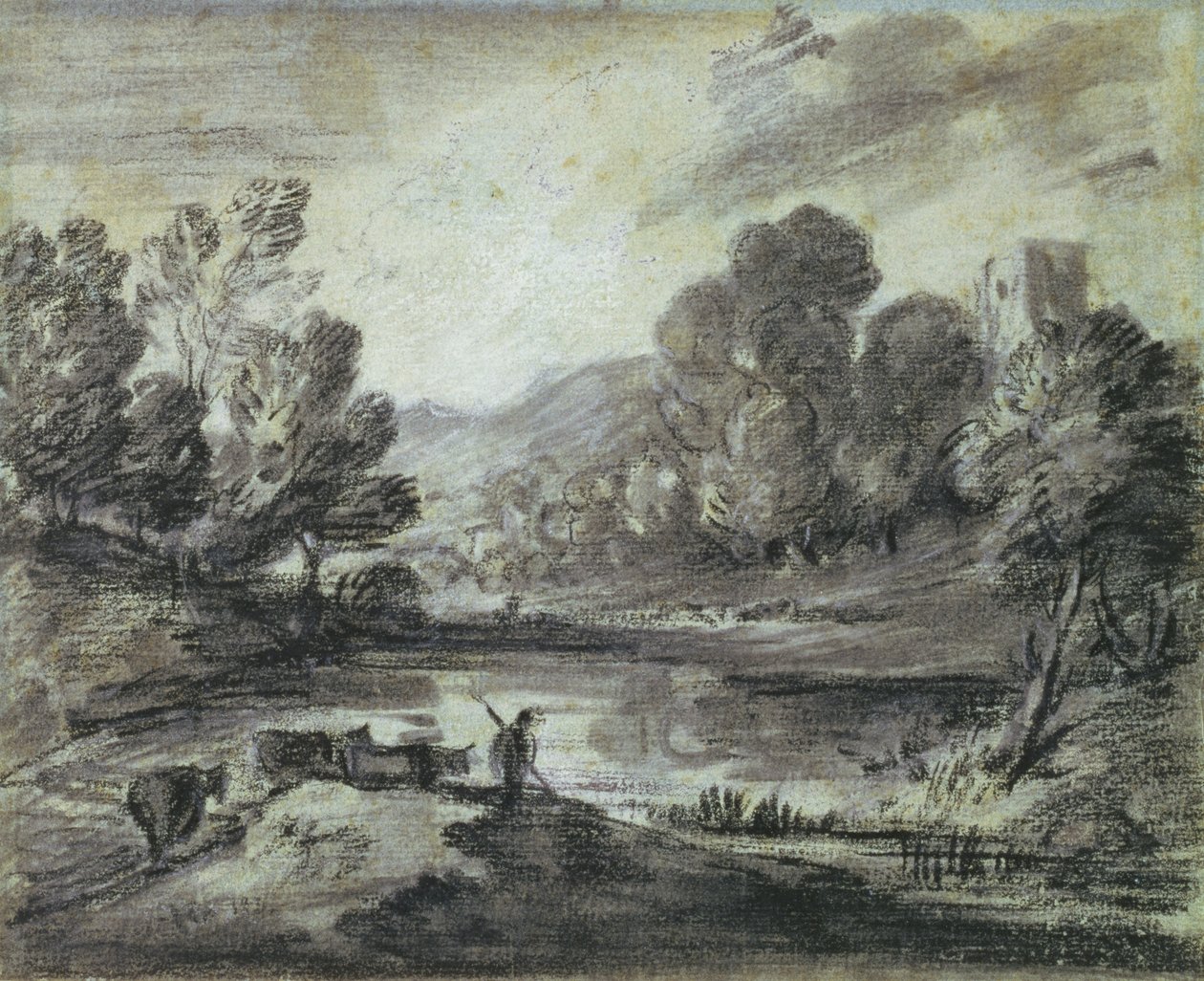 Uma paisagem montanhosa, c.1775-80 (giz preto, coto e giz branco em papel azul) de Thomas Gainsborough