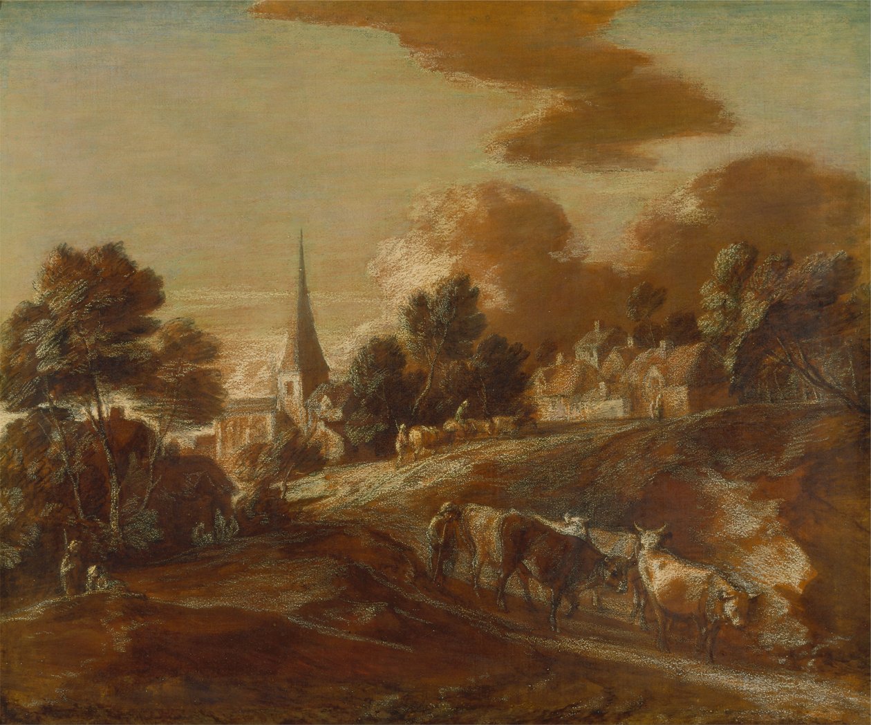 Uma aldeia arborizada imaginária com tropeiros e gado de Thomas Gainsborough