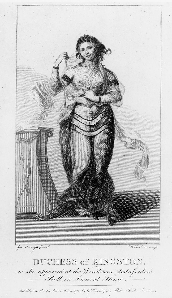 Elizabeth Chudleigh (1720-88) Duquesa de Kingston como apareceu no baile do embaixador veneziano em Somerset House, gravada por Francis Chesham (1749-1806) (gravura) (foto bw) de Thomas Gainsborough