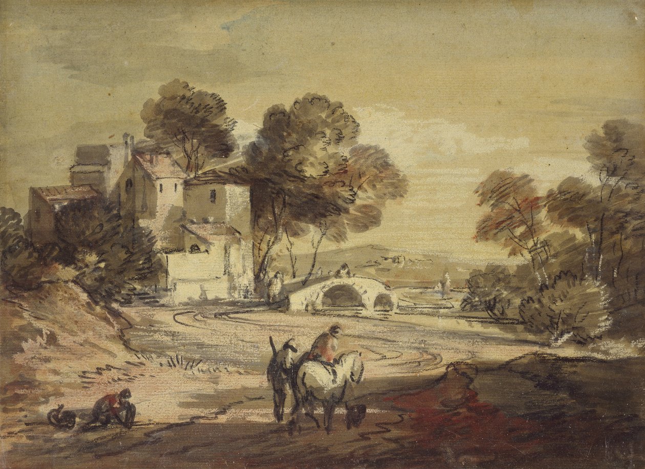 Paisagem italianizada com viajantes em uma estrada sinuosa, 1775 - 1779 (giz preto com aquarela e bodycolour, envernizada) de Thomas Gainsborough