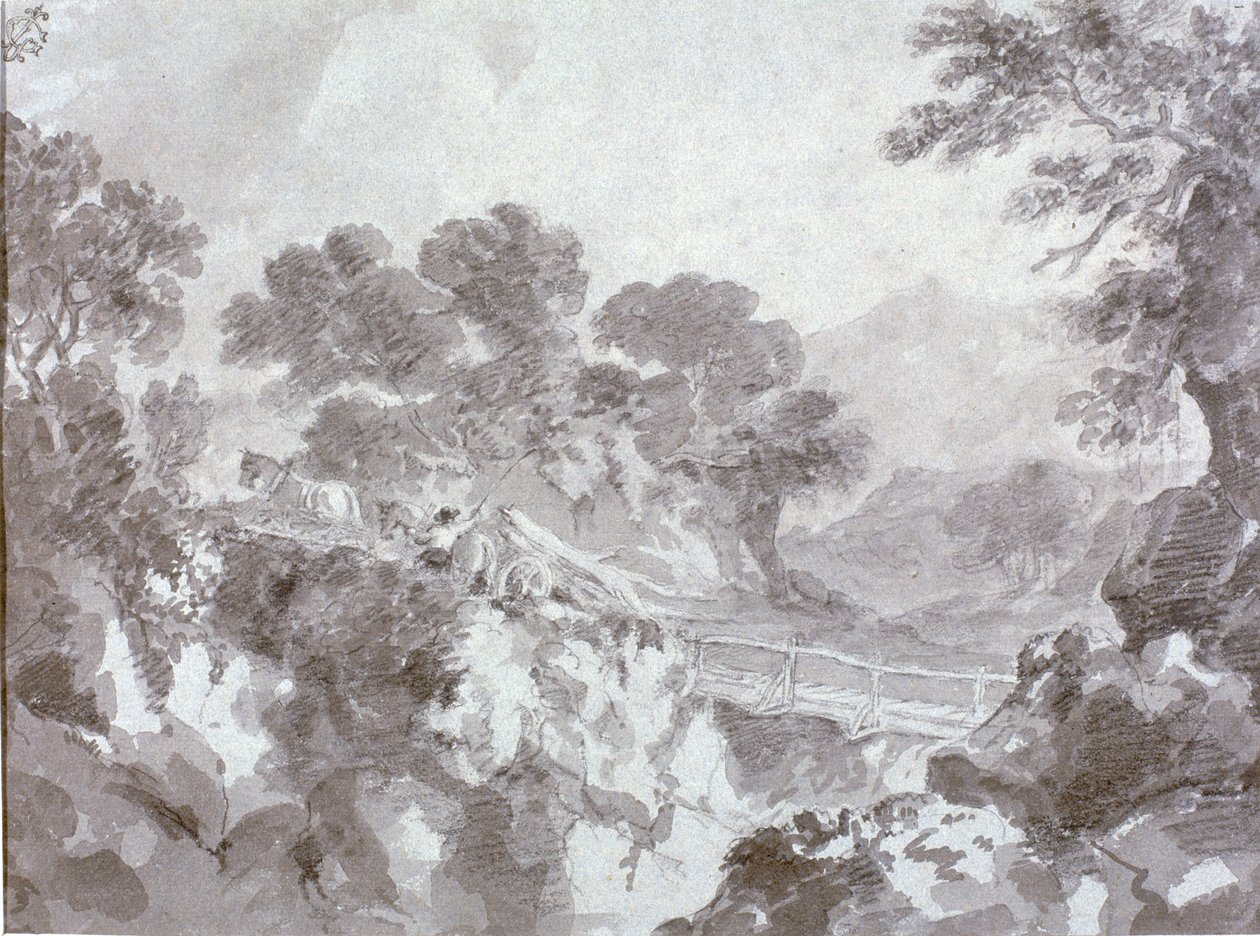 Paisagem com ponte (wc, lápis e giz no papel) de Thomas Gainsborough